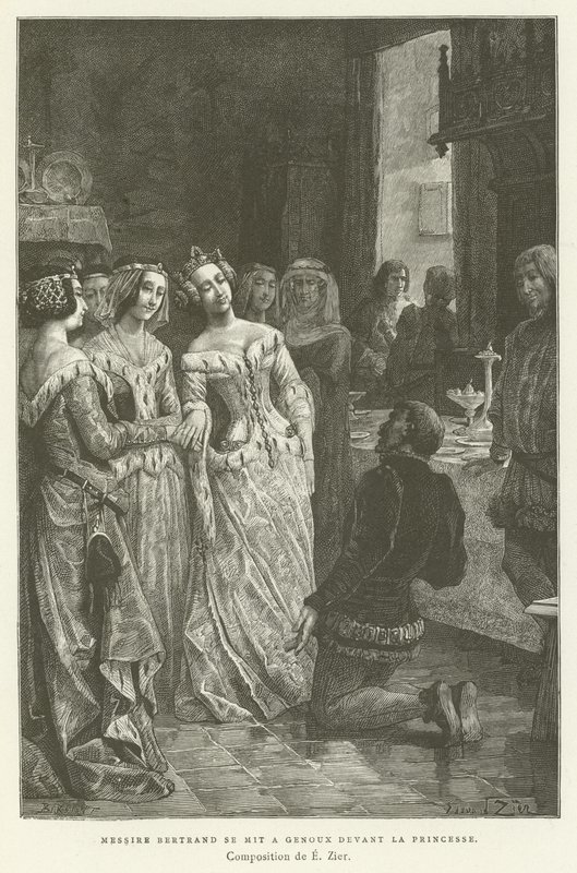 Sir Bertrand agenouillé devant la princesse - French School
