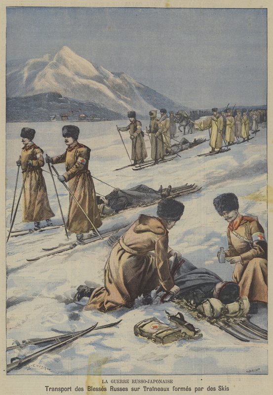 La guerre russo-japonaise : transport de soldats russes blessés sur des traîneaux faits de skis - French School