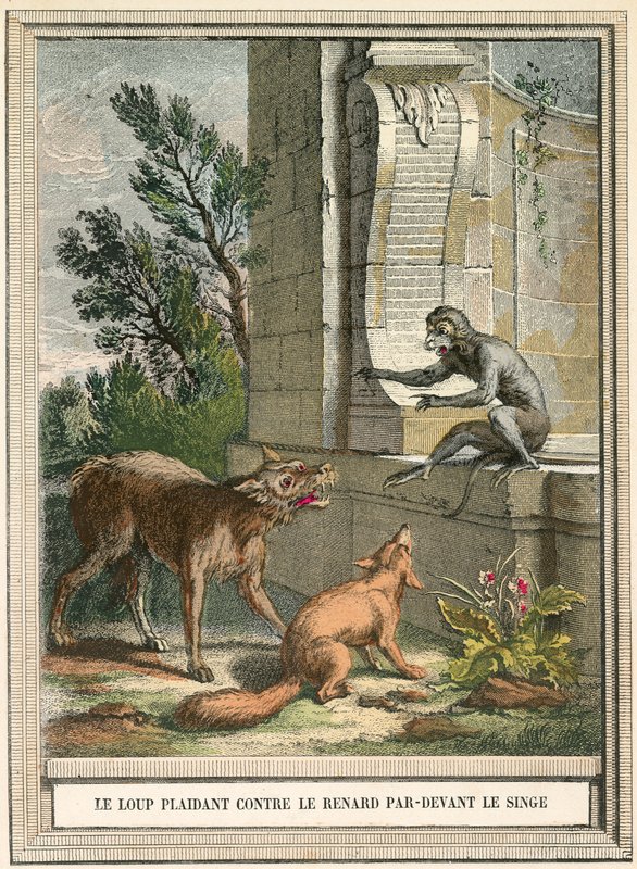 Le loup plaidant contre le renard devant le singe - French School