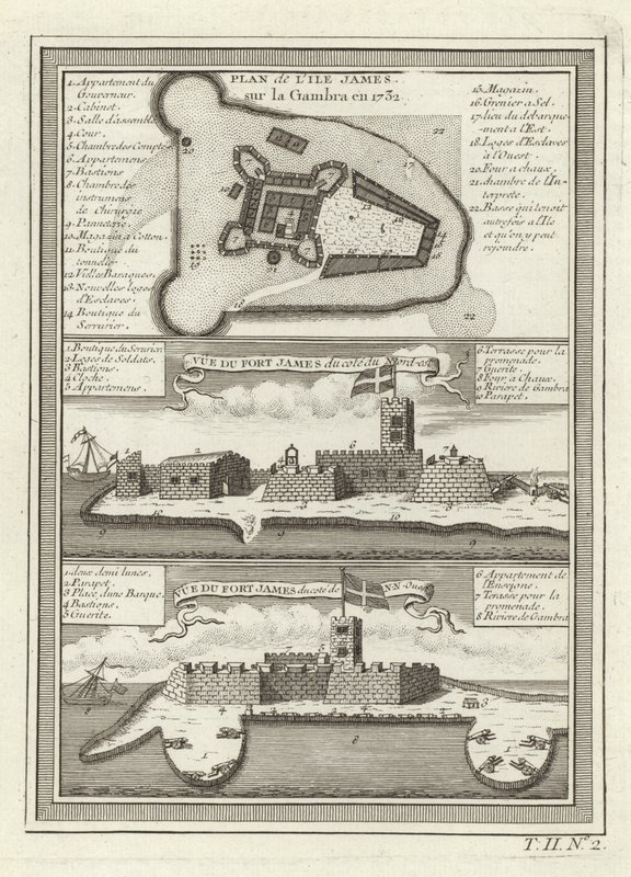 Trois vues du Fort James en Gambie - French School