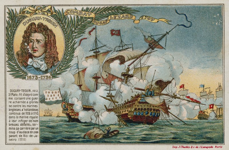Carte de commerce avec une image de la bataille du Lézard - French School