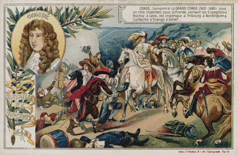 Carte de commerce avec une image de la bataille de Rocroi - French School