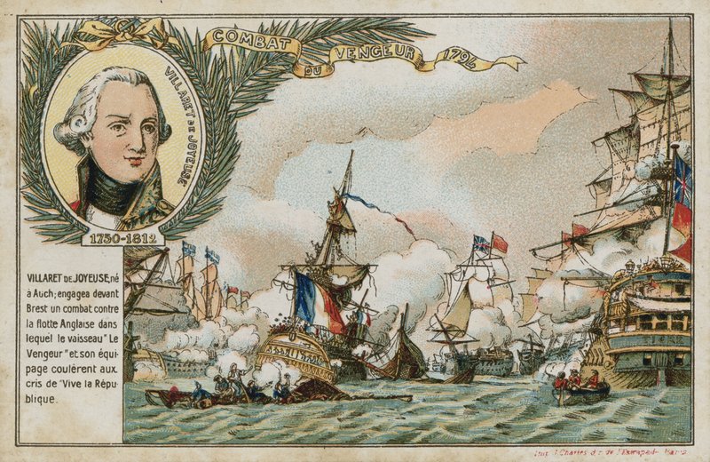 Carte de commerce avec une image du navire Vengeur du Peuple - French School