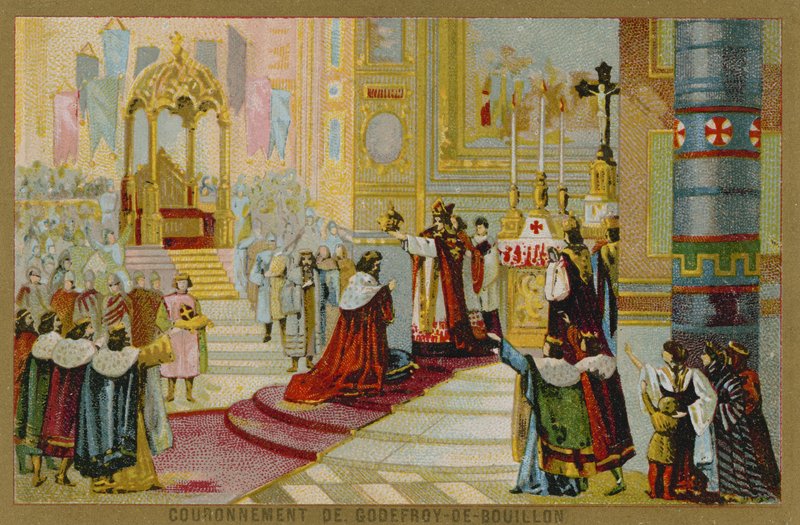 Carte de commerce avec une image du couronnement de Godefroy de Bouillon - French School