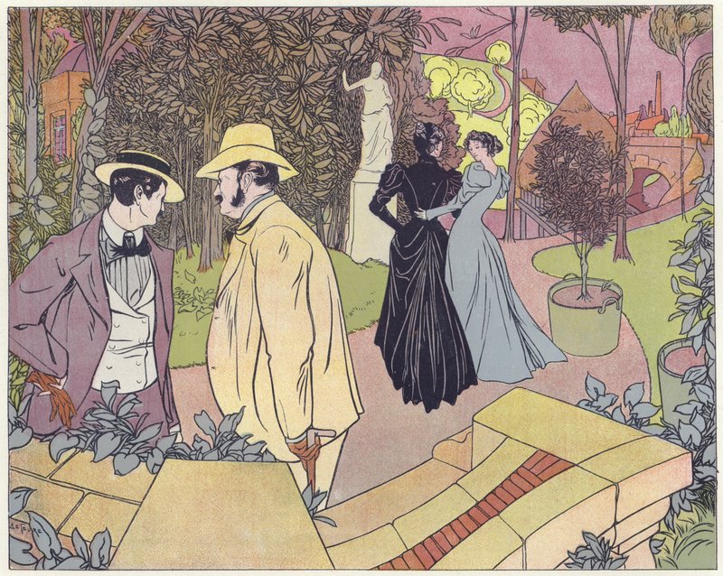 Deux hommes en conversation tandis que deux femmes marchent dans un jardin - French School