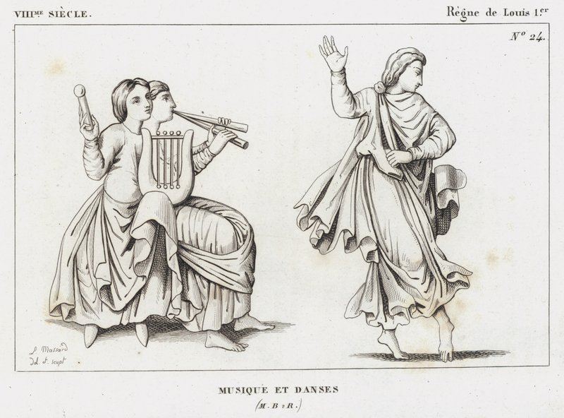 VIII Siècle, Règne de Louis Ier, Musique et Danses (gravure) - French School