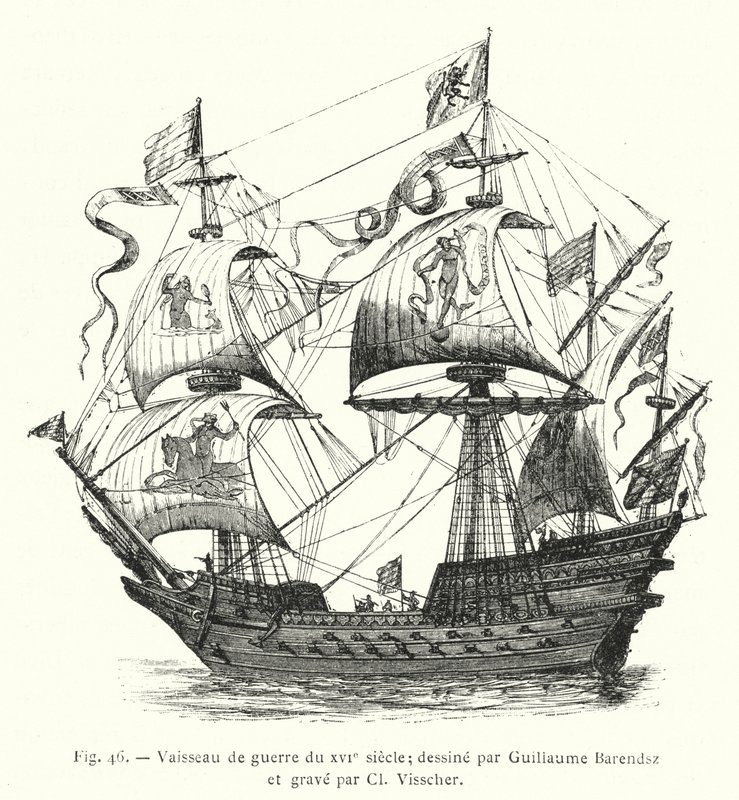 Vaisseau de guerre du XVIe siècle; dessiné par Guillaume Barendsz et gravé par Cl. Visscher (gravure) - French School