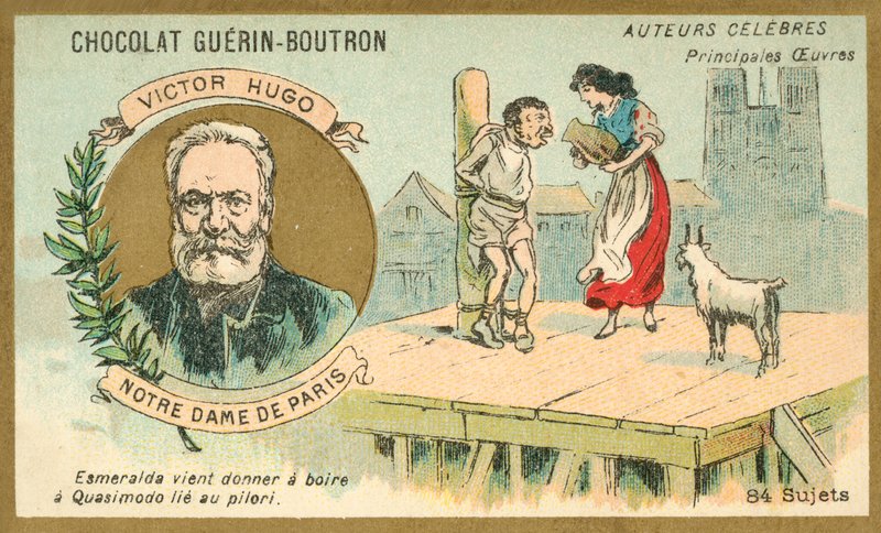 Victor Hugo, auteur français, et une scène de son roman Notre-Dame de Paris - French School