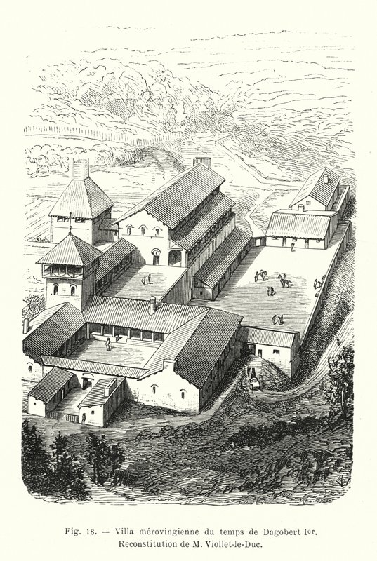 Villa mérovingienne du temps de Dagobert Ier, reconstitution de M. Viollet-le-Duc (gravure) - French School