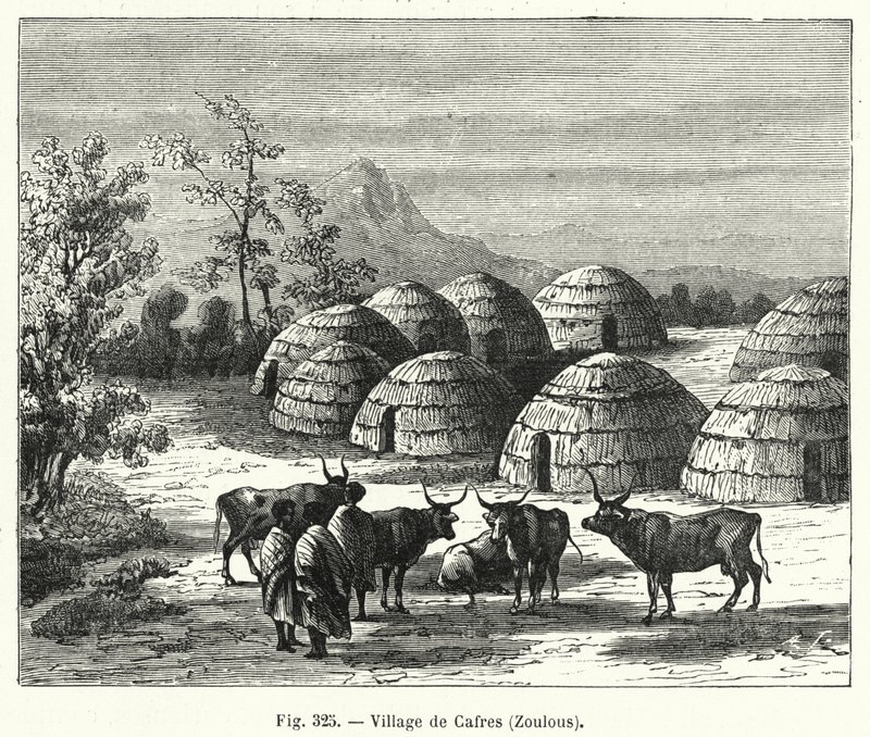 Village de Cafres, Zoulous (gravure) - French School