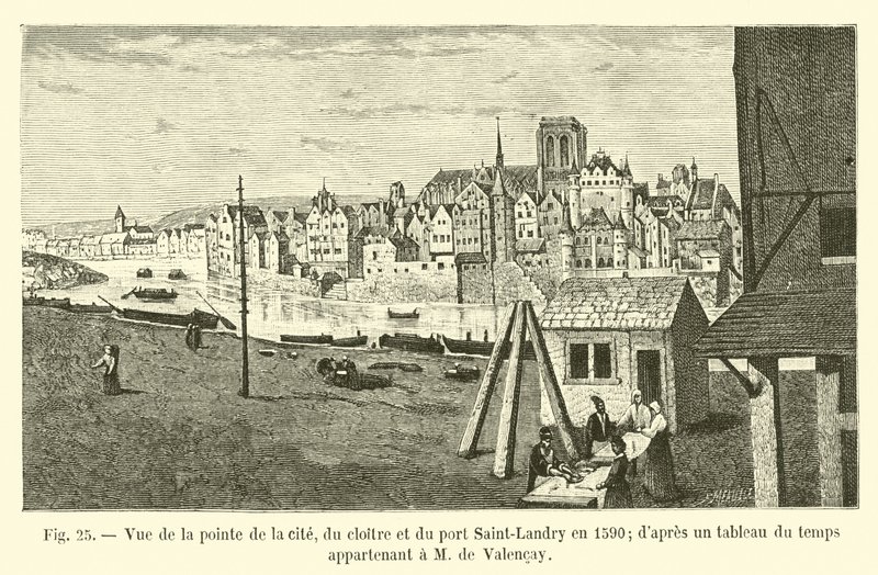 Vue de la pointe de la cité, du cloître et du port Saint-Landry en 1590 - French School