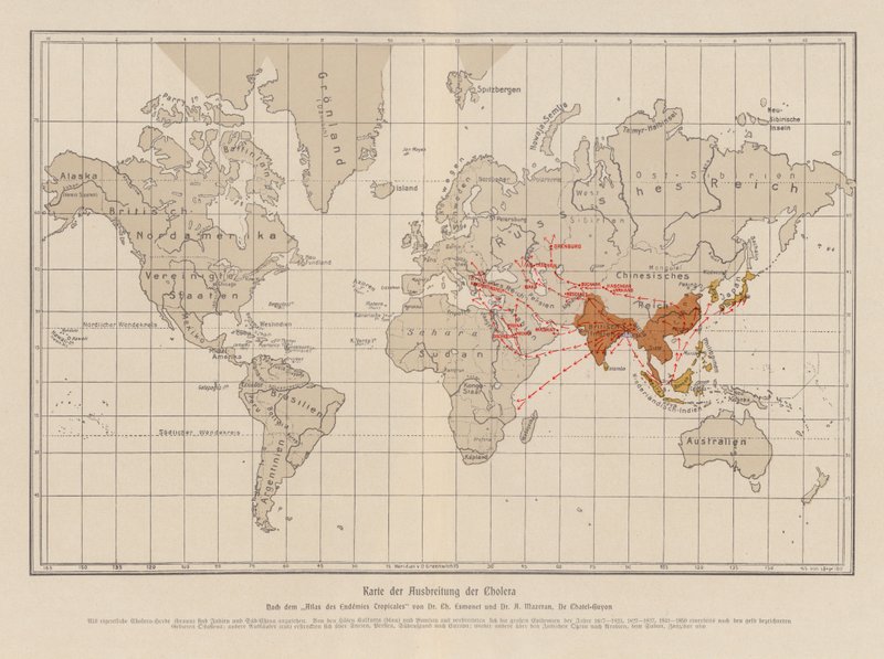 Carte du monde montrant la propagation du choléra - French School