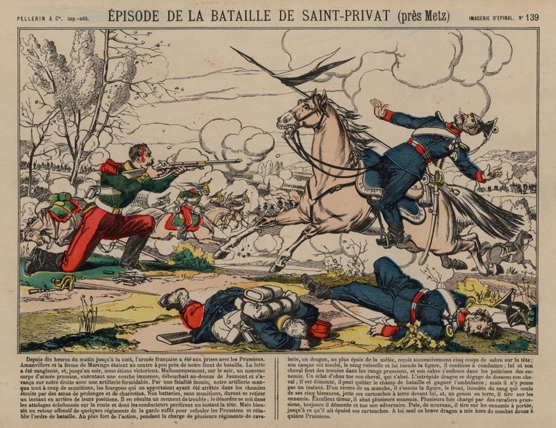 Dragon français blessé tirant sur un lancier prussien à la bataille de Saint-Privat, guerre franco-prussienne - French School