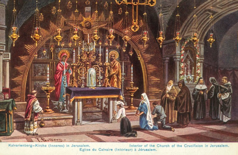 Autel de la Crucifixion, Église du Saint-Sépulcre, Jérusalem (lithographie en couleur) - Friedrich Perlberg
