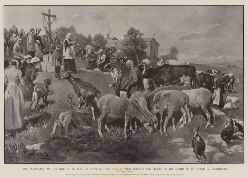 La célébration de la fête de Saint Roch en Auvergne, le prêtre du village bénissant les troupeaux au sommet de Saint Pierre la Bourlhonne - G.S. Amato