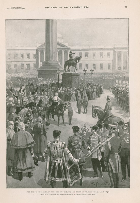 La fin de la guerre de Crimée : proclamation de la paix à Charing Cross, Londres, avril 1856 (photogravure) - G.S. (after) Amato