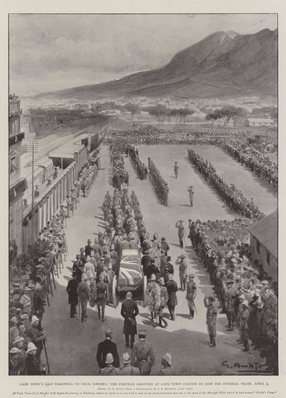 Les derniers adieux du Cap à Cecil Rhodes, le cortège arrivant à la gare de Cape Town pour rejoindre le train funéraire, 3 avril - G.S. Amato