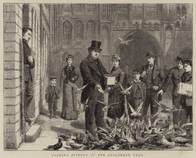 Nourrir les pigeons dans la cour du Guildhall - George Goodwin Kilburne