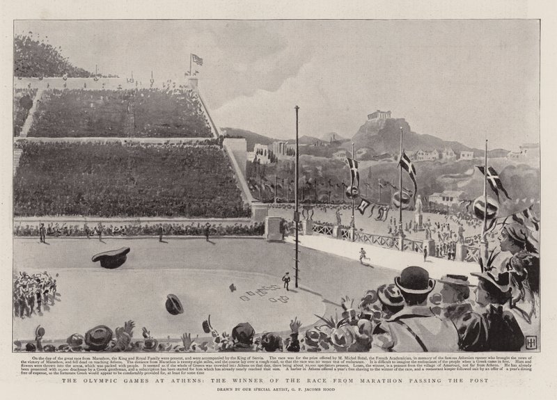 Les Jeux Olympiques à Athènes, le vainqueur de la course de Marathon passant le poteau - George Percy Jacomb Hood