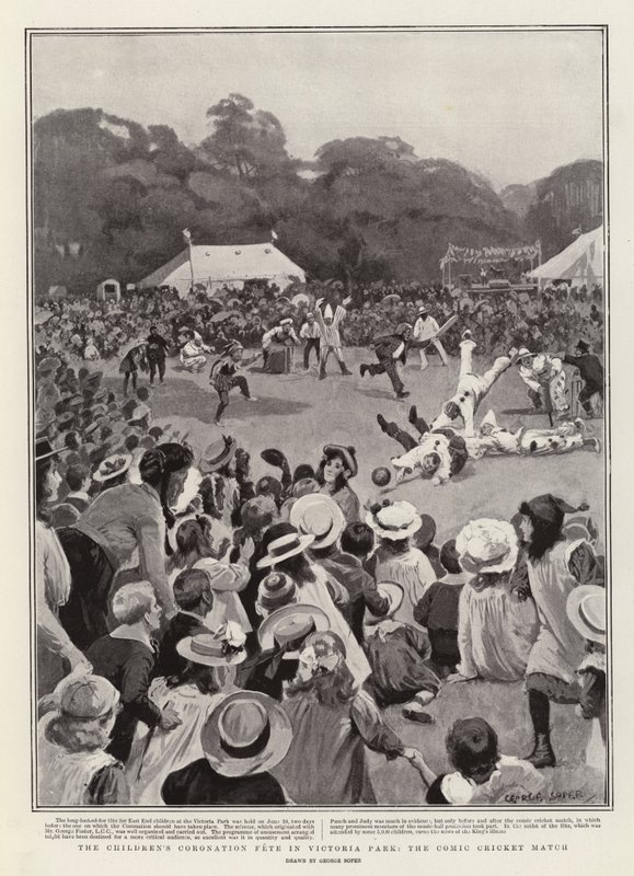 La fête de couronnement des enfants dans le parc Victoria, le match de cricket comique - George Soper