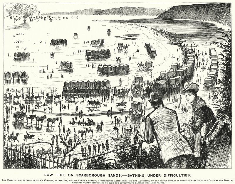Caricature de Punch : Marée basse sur les sables de Scarborough - Baignade sous difficultés - George (after) Du Maurier