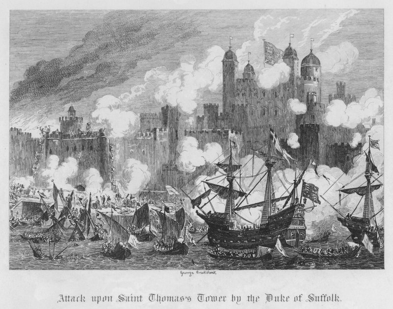 Attaque de la Tour Saint-Thomas par le duc de Suffolk (gravure) - George Cruikshank