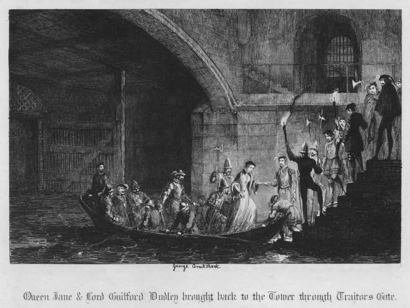 La reine Jane et Lord Guilford Dudley ramenés à la Tour par la porte des Traîtres (gravure) - George Cruikshank