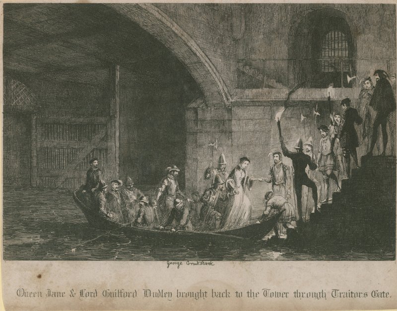 La Reine Jane et Lord Guilford Dudley ramenés à la Tour par la Porte des Traîtres - George Cruikshank