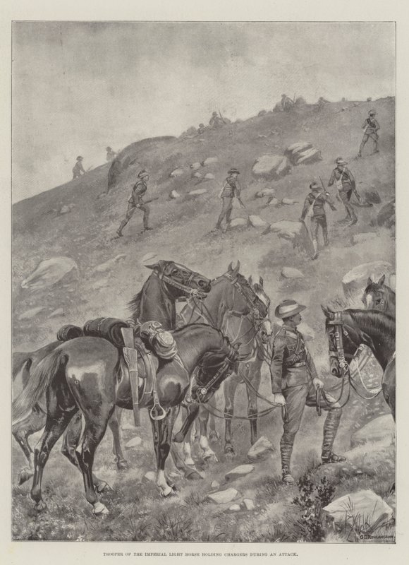 Cavalier de la Light Horse impériale tenant des chevaux pendant une attaque - George Derville Rowlandson
