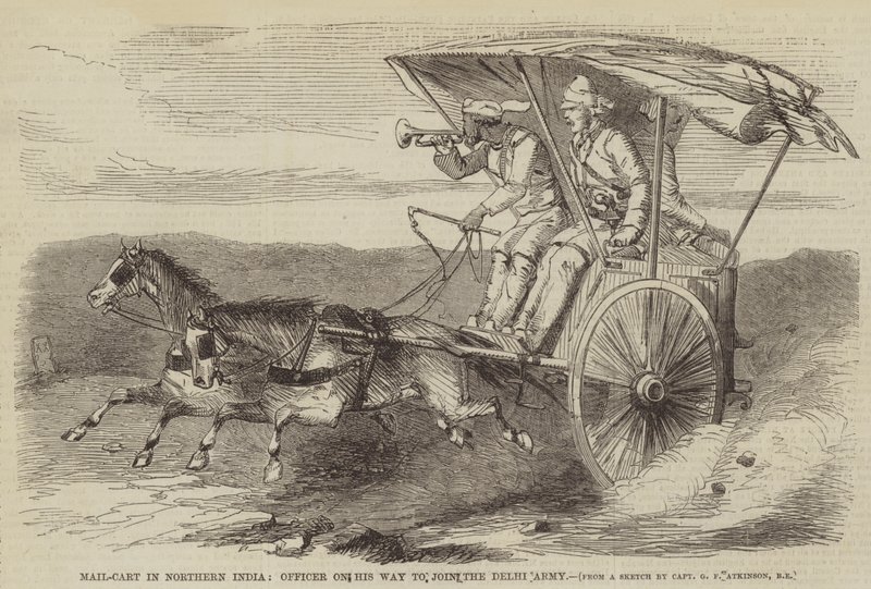 Chariot postal en Inde du Nord, officier en route pour rejoindre l