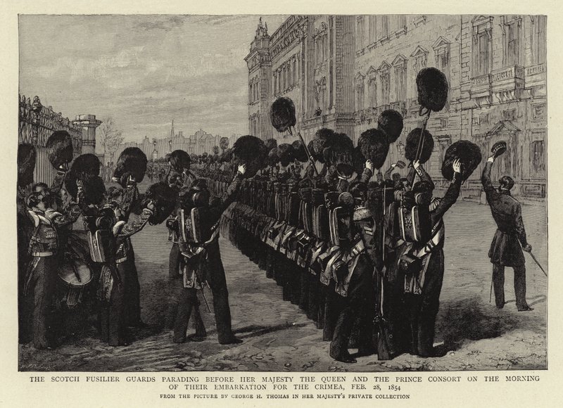 Les gardes fusiliers écossais défilant devant Sa Majesté la Reine et le Prince Consort le matin de leur embarquement pour la Crimée, 28 février 1854 - George Housman Thomas