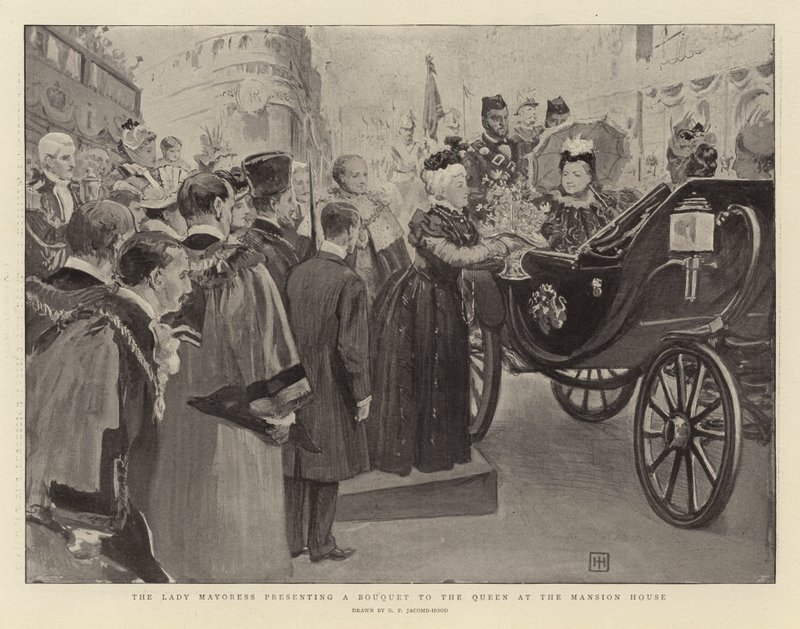 La Lady Mayoress offrant un bouquet à la Reine au Mansion House - George Percy Jacomb Hood