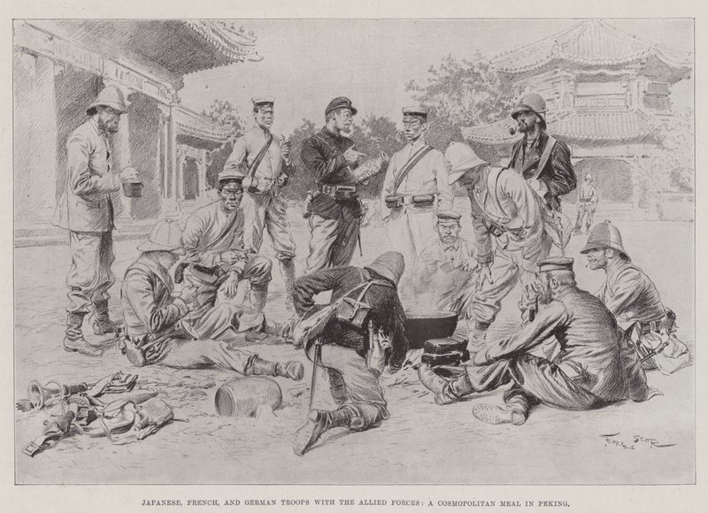 Troupes japonaises, françaises et allemandes avec les forces alliées, un repas cosmopolite à Pékin - Georges Bertin Scott