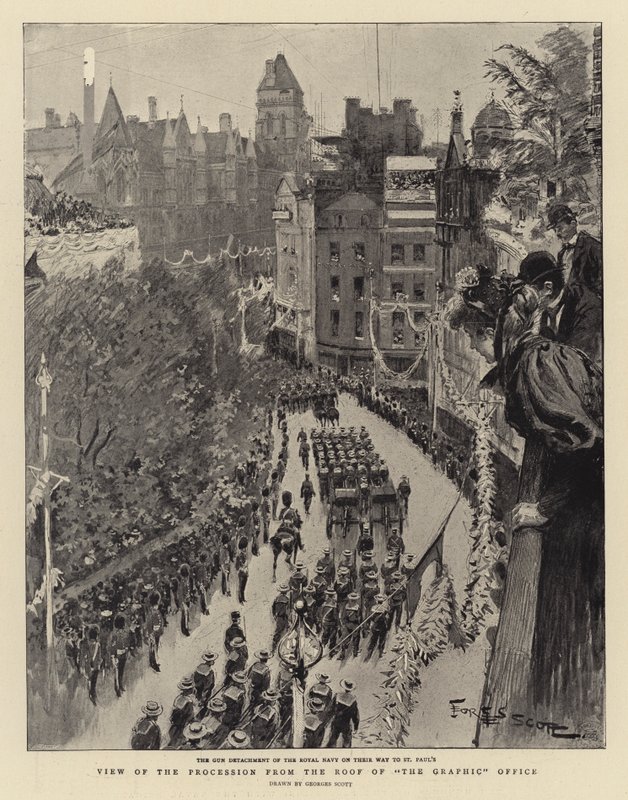 Vue de la procession depuis le toit du bureau de The Graphic - Georges Bertin Scott