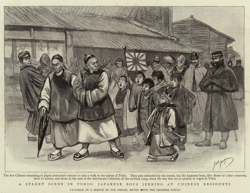 Scène de rue à Tokyo, garçons japonais se moquant des résidents chinois - Georges Ferdinand Bigot