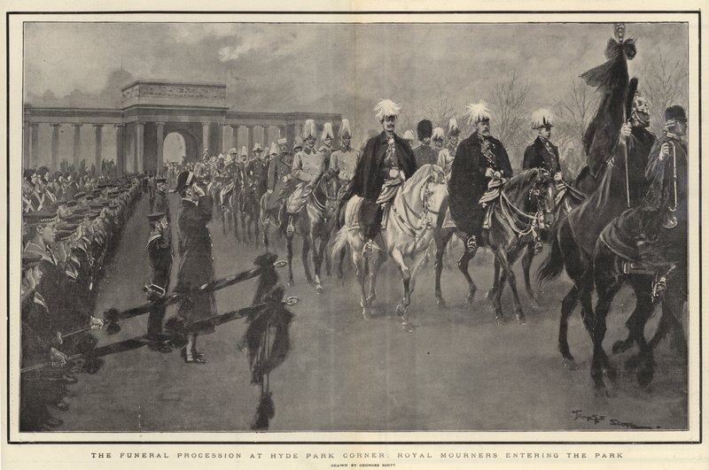 Le cortège funèbre à Hyde Park Corner, les pleureurs royaux entrant dans le parc - Georges Bertin Scott