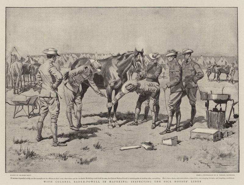 Avec le colonel Baden-Powell à Mafeking, inspectant les lignes des chevaux malades - Georges Bertin Scott