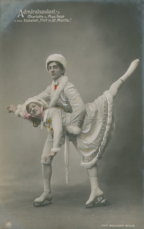 Carte postale de patineurs, envoyée en 1913 (photo coloriée à la main) - German Photographer