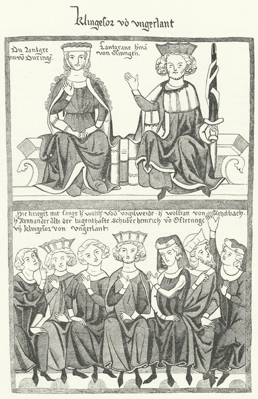 Une représentation du Sangerkrieg, un concours entre ménestrels au château de Wartburg en Thuringe en 1207, du Codex Manesse (gravure) - German School
