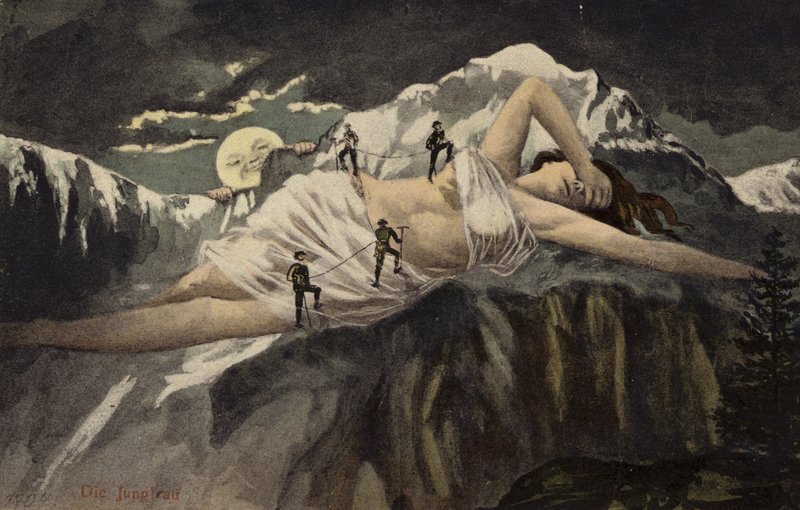 Une femme nue sur une montagne escaladée par des alpinistes tandis que la lune observe - German School
