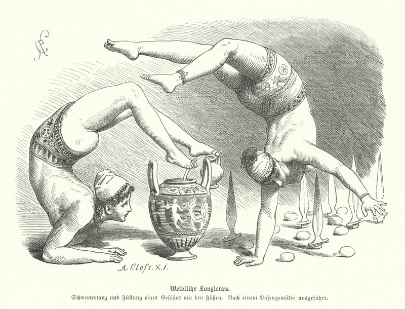 Acrobates féminines de la Grèce antique (gravure) - German School