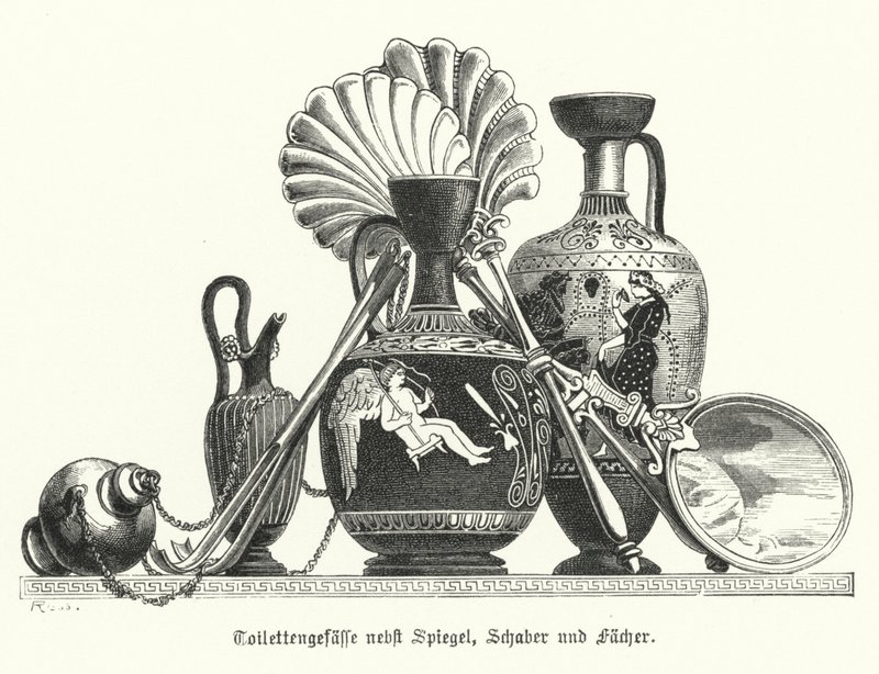 Vases de toilette grecs antiques avec un miroir, des grattoirs et des éventails - German School