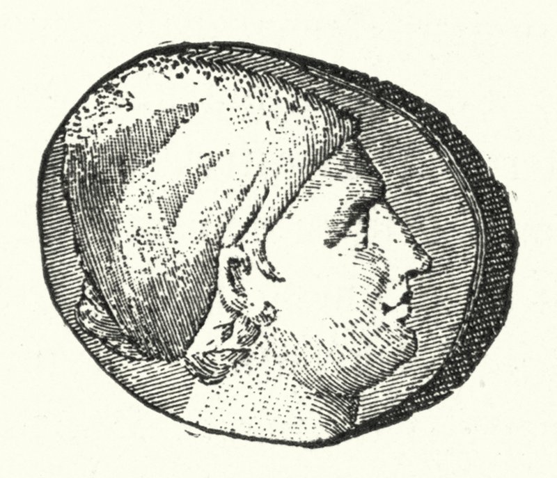 Ancienne pièce de monnaie montrant la tête de la poétesse grecque ancienne Sappho (gravure) - German School
