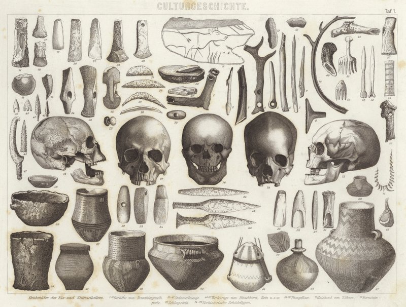 Artefacts des âges de glace et de pierre. Illustration pour Bilder-Atlas (gravure) - German School