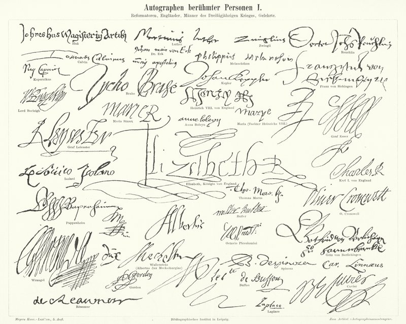 Autographes de personnes célèbres : figures marquantes de la Réforme protestante, de la Grande-Bretagne, de la guerre de Trente Ans et des scientifiques (gravure) - German School