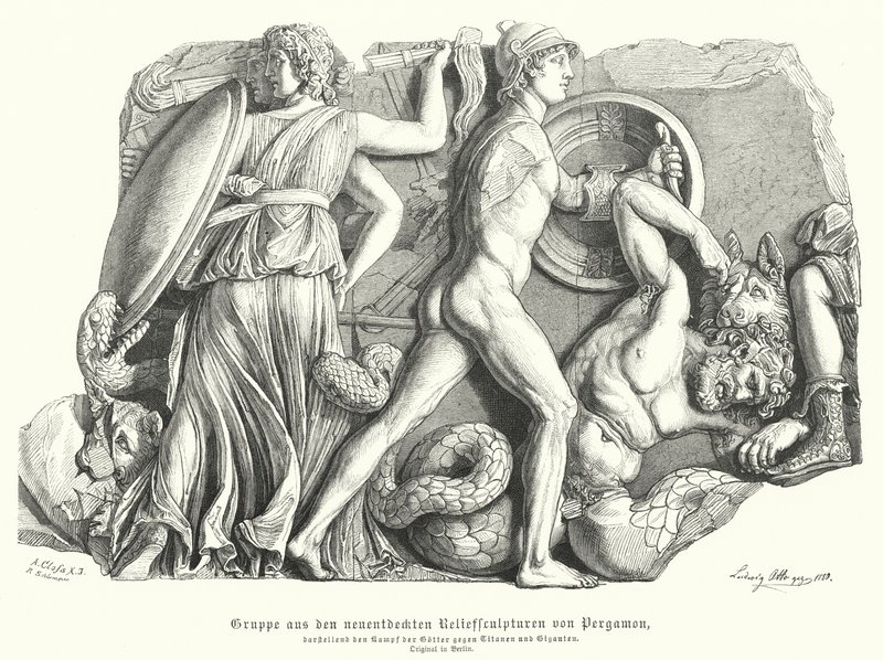 Bataille entre les dieux et les Titans et géants, relief grec antique de Pergame - German School