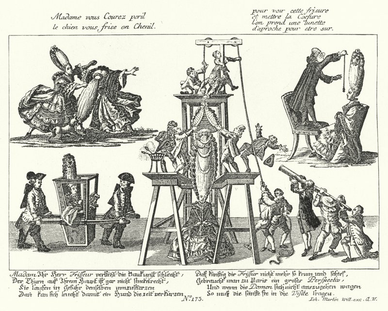 Caricature sur les perruques excessivement hautes portées par les femmes à la mode au XVIIIe siècle (gravure) - German School
