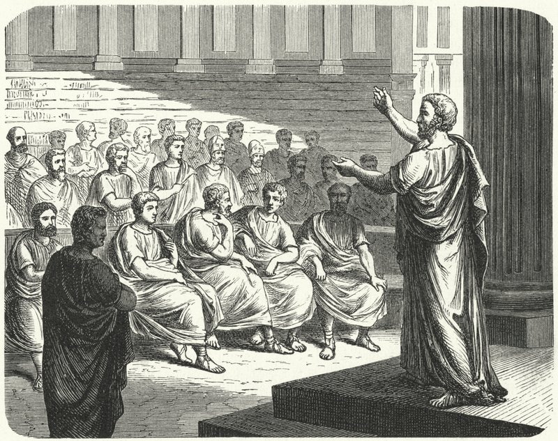 Démosthène parlant contre Philippe II de Macédoine - German School