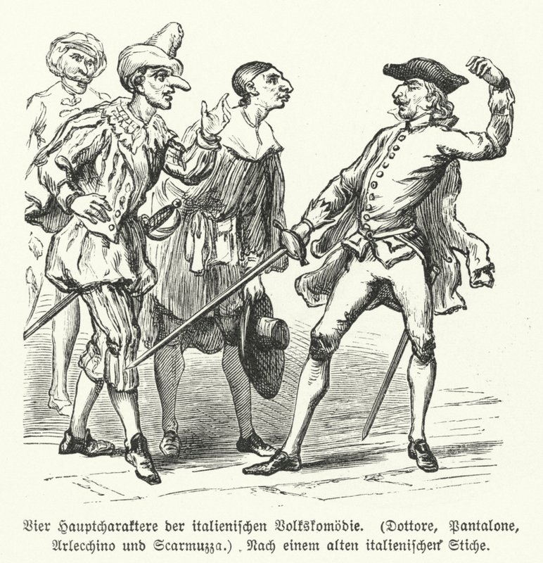 Dottore, Pantalone, Arlecchino et Scaramuccia, quatre personnages de la Commedia dell