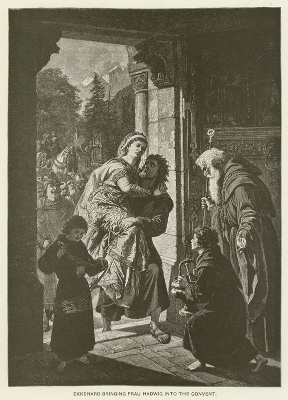 Ekkehard amenant Frau Hadwig au couvent (gravure) - German School